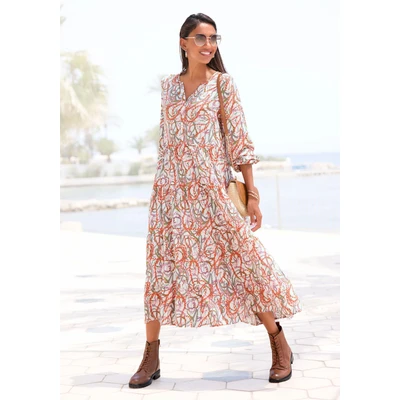 Abbildung von LASCANA Maxikleid, mit Alloverprint und Volants, langärmlig, Druckkleid, casual chic