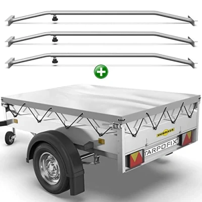 Abbildung von Tarpofix® Anhängerplane 258 x 136 cm + 3X Planenbügel Anhänger Plane Flachplane aus PVC PLANENMATERIAL Verstärkte Humbaur für PKW Hänger Abdeckplane Flachplanenbügel Grau