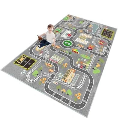 Abbildung von ZFHNYJWKL Kinder spielteppich Auto Jungen &amp; Mädchen Teppich Straßenteppich Bauteppich Stadtstadt Lernbereich Pädagogischer Antirutsch für Kinderzimmer Grau Blau Grün(A,80X160CM)