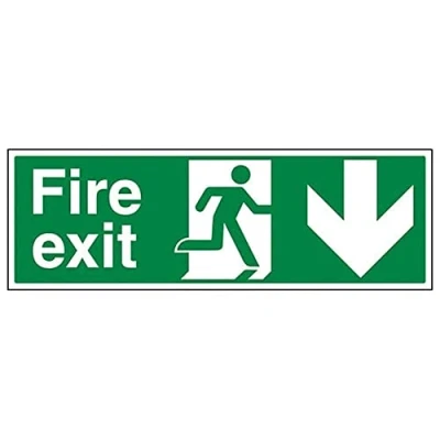 Abbildung von VSafety Warnschild „Fire Exit“ mit nach unten zeigendem Pfeil, Querformat, 450 x 150 mm, 2 mm dick, Hartplastik