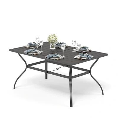 Abbildung von PHI VILLA Gartentisch Outdoor Terrasse Tisch für 6 Personen 152 * 95cm Rostfreier Stahlrahmen mit Sonnenschirmloch Garten Esstisch Wetterfest