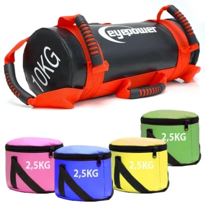 Abbildung von EYEPOWER 10kg Power Bag + 4 Kettlebell Gewichte Befüllt mit Eisensand Besser als Geräte: 6 Griffe Fitness Sandbag für Zuhause 17x45cm Gewichtssack Home Training Bauch und Rückentrainer
