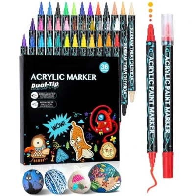 Abbildung von Acrylstifte für Steine Wasserfest,acrylfarben stifte,36 Stifte Dual Tip Acrylfarben Bemalen Set,acrylfarben Holz,Glas,Leinwand,Stein,Stoff,DIY Fotoalben,Keramik