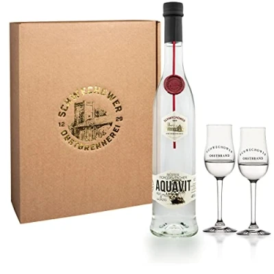 Abbildung von Bester norddeutscher Aquavit 0,5l + 2 Bouquetgläser Geschenkkarton (40% Vol.) Geschenkset, Präsent 500ml