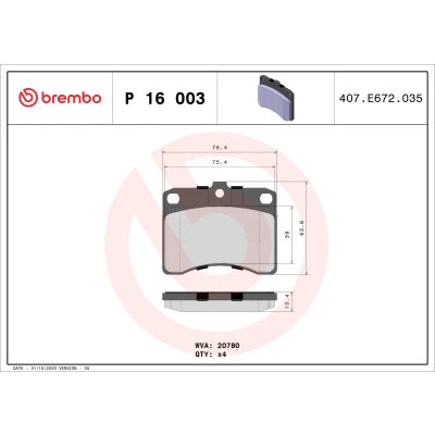 Abbildung von BREMBO P 16 003 Bremsbelagsatz exkl. Verschleißwarnkontakt ohne Zubehör DAIHATSU: Hijet Kastenwagen, Move, CUORE 4