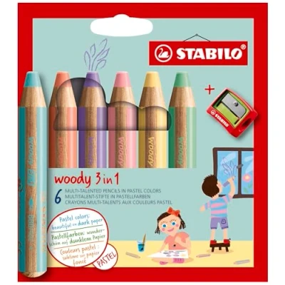Abbildung von STABILO Buntstift woody 3 in 1 10 mm 6er Set mit Spitzer pastell