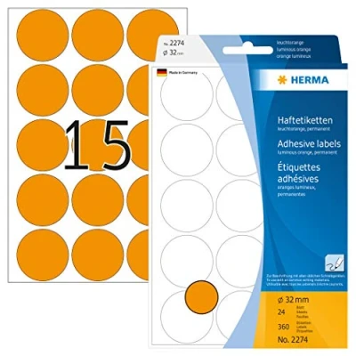 Abbildung von HERMA 2274 Punktaufkleber Klebepunkte leuchtorange, 360 Stück, Ø 32 mm, 15 pro Bogen, selbstklebend, Markierungspunkte für Kalender Planer Basteln, matt, blanko Papier Farbpunkte Aufkleber