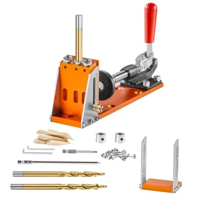 Abbildung von VEVOR Pocket Hole Jig Kit Dreitaschenloch mit Schraubenschlüssel &amp; Vierkantantriebsbits, Dübelhilfe Bohrlehre zum Bohren von Taschenlöchern und Schräglöchern, Bohrhilfe für Holzbearbeitung Alu.