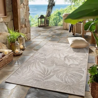 Abbildung von SIMPEX Outdoor Teppich Wetterfest Beige 80x150 cm Läufer, UV beständig, ideal für Küche, Balkon, Terrasse auch Wohnzimmer und Esszimmer, Palmblätter Design, Pfelgeleicht