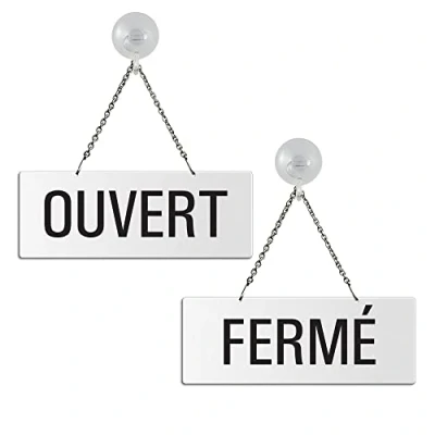 Abbildung von Ofform Hängeschild Wendeschild Ouvert Fermé Melamin beidseitig weiß beschichtet Texte Metallkette mit Karabinerhaken und Saugnapfhaken Format 175 x 65 mm Nr.31207 WS
