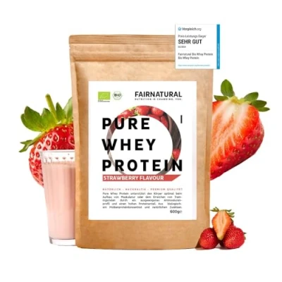 Abbildung von Fairnatural Bio WHEY Protein Pulver Erdbeere ohne Chemie [Regional aus Deutschland] Hochwertige Eiweiß Shakes »100% NATÜRLICH« 600g Premium Molkenprotein Soja