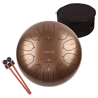 Abbildung von LOMUTY Stahlzungentrommel, 12 Zoll 30 cm Steel Tongue Drum, C Dur 11 Noten, Handtrommel HandPan Drum mit Drumsticks,Musikbuch,Tragetasche und Fingerpicks(Braun)