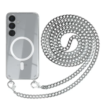 Abbildung von EAZY CASE Handykette kompatibel mit Galaxy S25 Kette zum Umhängen Stoßfest Handyhülle für Silikon Hülle Band aus Metall Transparent als Fallschutz in Silber