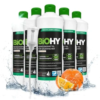 Abbildung von BiOHY Reinigungsmittel für Saugwischer mit Orangenduft (6 x 1 Liter) + Dosierer 1:200 Konzentrat alle Nass Trockensauger ideal Fliesen, PVC, Parkett, Laminat &amp; Teppich streifenfrei