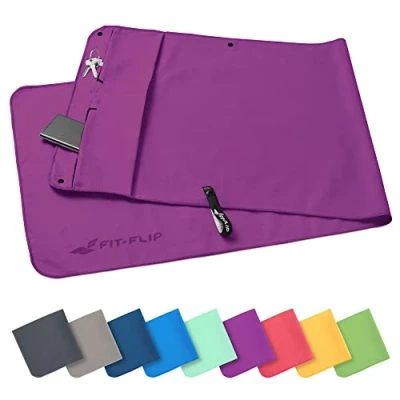 Abbildung von Fit Flip Fitness Handtuch aus Mikrofaser mit Magnet und Reißverschluss Tasche Fitnesshandtuch für Sport Gym Kompakt &amp; Schnelltrocknend Sporthandtuch Fitnessstudio Lila 130x48cm