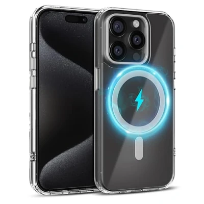 Abbildung von MyGadget Hülle für Apple iPhone 15 Pro [ Kompatibel mit MagSafe ] vergilbungsbeständig magnetische Hybrid Handyhülle Rückseite Hart Rand Silikon Transparent
