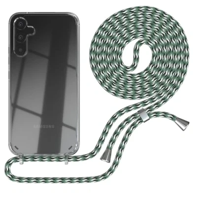 Abbildung von EAZY CASE Kette Schutzhülle kompatibel mit Samsung Galaxy A34, Stoßfest Fallschutz Bumper Schutzhülle, Handy Straps, Silikonhülle, Handykette abnehmbar, Hell Grün Camouflage Clips Silber