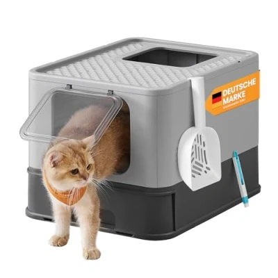 Abbildung von Feandrea Katzenklo, Katzentoilette, mit Deckel, ausziehbares Tablett, geräumig für Katzen bis 15 kg, weniger Spuren, auslaufsicherer Boden, anthrazitgrau Taubengrau PPT001B01