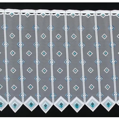 Abbildung von Scheibengardine Quadrate 90 cm hoch weiß blau Wunschbreite frei wählbar durch gekaufte Menge in 11,5 Schritten Meterware