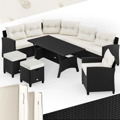 Abbildung von Casaria Gartenlounge Set Porto, (5 tlg), Polyrattan WPC Esstisch Eckbank 2 Hocker Sessel inkl. Kissen Auflagen