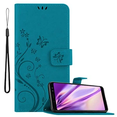 Abbildung von Cadorabo Hülle kompatibel mit Samsung Galaxy A8 2018 Blumen Design aus Kunst Leder Flip Klappbare Stoßfeste Magnetische [Standfunktion] [Kartenfächern] Cover für Tasche in Blau