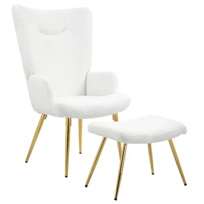 Abbildung von HOMCOM Ohrensessel mit Hocker, Sessel Sherpa Bezug, Hohe Rückenlehne, Loungesessel Armlehne, Stahlbeine für Wohnzimmer, Schlafzimmer, Weiß