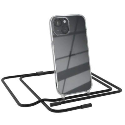 Abbildung von EAZY CASE Handykette kompatibel mit iPhone 15 dünne Handyhülle für Hülle Band als Fallschutz Kette zum Umhängen transparente Silikon in Schwarz