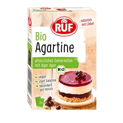 Abbildung von RUF Bio Agartine Pulver, pflanzlicher Gelatine Ersatz, ohne tierische Gelatine, gut löslich für kalte und heiße Massen, glutenfrei vegan, 2 x 15g