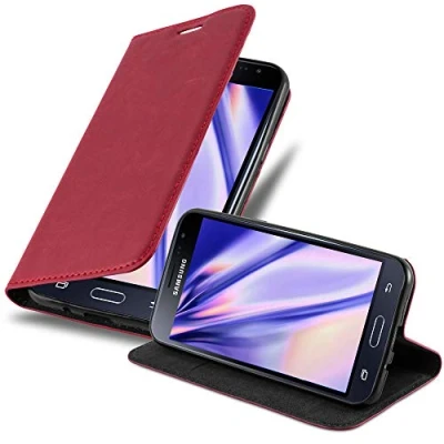 Abbildung von Cadorabo Hülle kompatibel mit Samsung Galaxy J3 2016 aus Premium Kunst Leder Flip Klappbare Stoßfeste Magnetische [Standfunktion] [Kartenfächern] Cover für Tasche in Rot