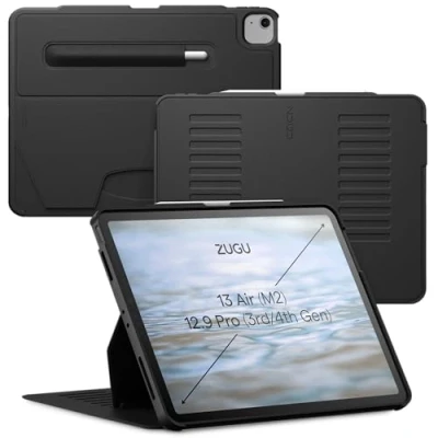 Abbildung von Zugu iPad Air Hülle 13 Zoll M2 2024 / Pro 12.9 (3rd/4th Gen), schlanke Schutzhülle 10 Winkel Ständer magnetisch, Aufladen Stiftes Auto Sleep/Wake Up [ Schwarz ]