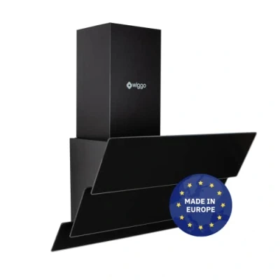 Abbildung von Wiggo Dunstabzugshaube 60cm kopffrei I Abluft Umluft Dunstabzug 300m3/h LED Touch Display 3 Stufen Schräghaube inkl. Fettfilter &amp; 2x Kohlefilter Abzugshaube mit teiliger Glasfront schwarz