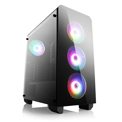 Abbildung von Gaming PC Gehäuse THESEUS Midi Tower, RGB Beleuchtung (inkl. Steuerung), Glas Seitenteil, Front, vormontierte Lüfter, ATX, Micro Mini ITX, schwarz