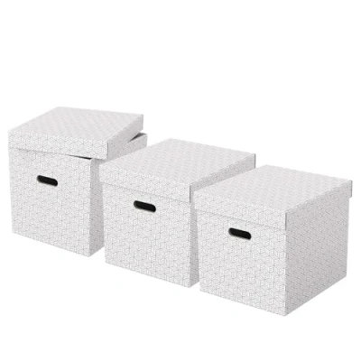 Abbildung von Esselte 3er Set große würfelförmige Aufbewahrungsboxen mit Deckel, Schachteln für Wohnung/Büro &amp; Organisationszwecke, 100% recycelter Karton, recycelbar, geometrische Designs, Weiß, 628288