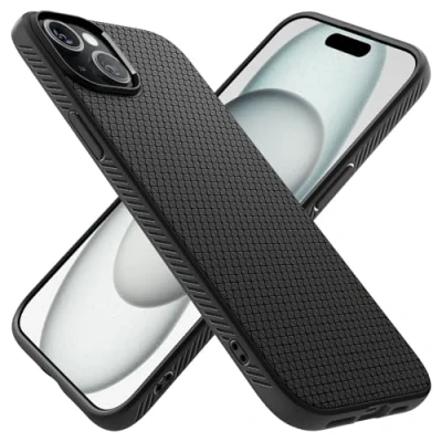 Abbildung von Apple iPhone 15 Plus Hülle Silikon Spigen Soft Case/Backcover Handyhülle Schwarz Shockproof/Stoßfest