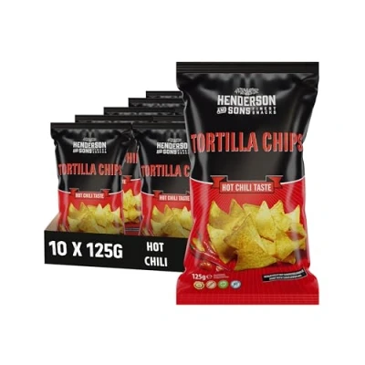 Abbildung von HENDERSON AND SONS Tortilla Chips Hot Chili 10 x 125 Gramm Beutel Mais Tortillas mit Chiligeschmack Perfekter Snack für Sportabende wie American Football oder Fußball