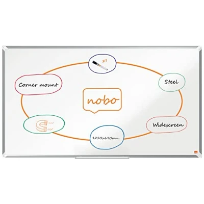 Abbildung von Nobo Emaille Whiteboard in Widescreen Format, 69 x 122 cm, Aluminiumrahmen, Traditionelle Eckmontage, Inkl. Stiftablage, Premium Plus, Weiß, 1915367