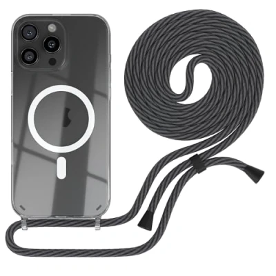 Abbildung von EAZY CASE Handykette kompatibel mit iPhone 16 Pro Max Kette zum Umhängen Handyhülle für Apple Silikon Hülle Band Handytasche Fallschutz in Schwarz/Anthrazit Clips Schwarz