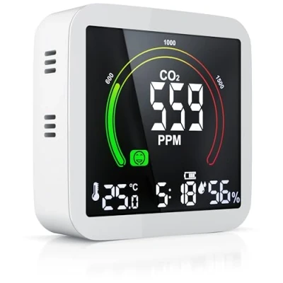 Abbildung von Brandson Co2 Melder Messgerät Luftqualitätsprüfer, Kohlenstoffdioxid Sensor Messung PPM, Anzeige, Raumluft Lüftungsampfehlung Alarm, Wecker, Temperatur Thermometer, Luftfeuchtigkeit Hygrometer