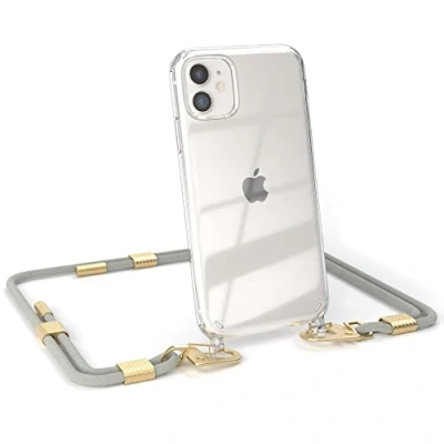 Abbildung von EAZY CASE kombinierbare Handyketten kompatibel mit iPhone 11, Transparente Silikon Hülle stylischen Umhängeband, Abnehmbarer Karabiner, Band, Gurt zum wechseln, Taupe Clips Gold