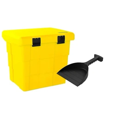 Abbildung von DAKEN Streugutbehälter 108 ltr. GELB, Streugutbox, Streusalzbox, Sandbox, Lagerbehälter, Pick up Box, Anhängerbox, Deichselbox, Streukiste, Salzlager, Winterdienst, mit Schaufel