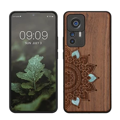 Abbildung von kwmobile Hülle kompatibel mit Xiaomi 12T / Pro Holz Case Handy Cover TPU Handyhülle in Dunkelbraun Aufgehende Sonne Perlmutt