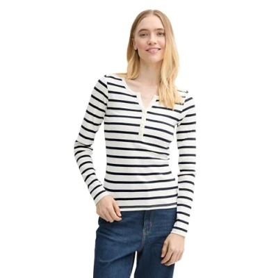 Abbildung von TOM TAILOR Denim Damen 1045415 Longsleeve T Shirt, 37174 White Navy Stripe, Large