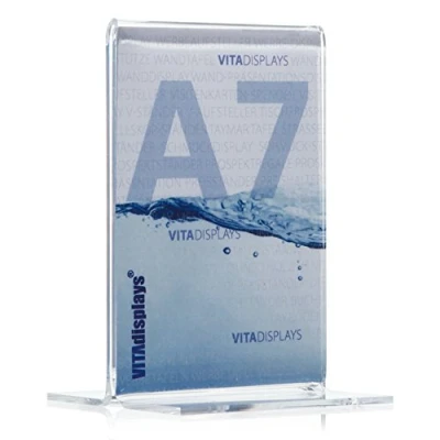 Abbildung von Werbeaufsteller als T Ständer/T Aufsteller im DIN A7 Hochformat, transparenter Tischaufsteller aus original PLEXIGLAS