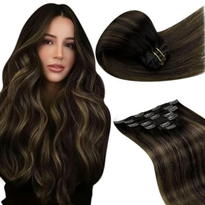 Abbildung von LaaVoo Clip in Extensions Echthaar Braun Doppelt Tressen Haarverlängerung Remy Echt Haare Balayage Ombre mit Hellbraun 105Gramm 50cm #2/8/2