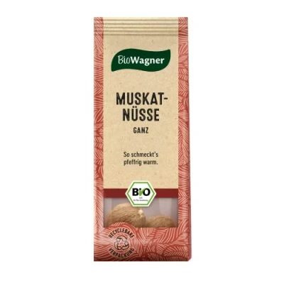 Abbildung von BioWagner Bio Muskatnüsse ganz verfeinert zahlreiche Kartoffelgerichte und Gemüse naturbelassene Zutaten recyclebare Verpackung 2 Stück