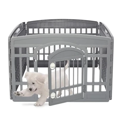 Abbildung von Iris Ohyama Welpenauslauf mit 4 Panelen und abschließbarer Tür, H60cm, Grau, Katzengehege, Hundebox, Für Outdoor, Indoor, Welpenlaufstall, Hundezaun, Welpenzaun, Laufstall Hund, CI 604E WD