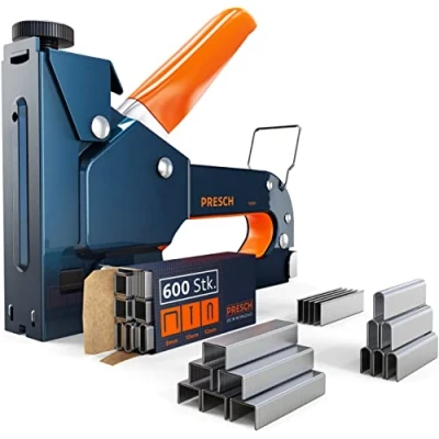 Abbildung von Presch Handtacker Set inkl. 600 Klammern Robuster 3 in1 Metall für Holz, Folie, Stoff, Möbel Langlebiger, leistungsstarker Profi Tacker Holz mit Flachdrahtklammern Typ 53F