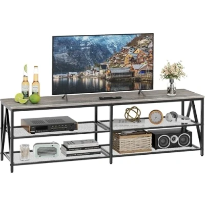 Abbildung von TV Schrank, Fernsehtisch, Lowboard für Fernseher bis zu 70 Zoll, Fernsehschrank mit 3 offenen Fächern, Regal Wohnzimmer Schlafzimmer, 160 x 40 50 cm, Industrie Design, Stahlgestell, Grau