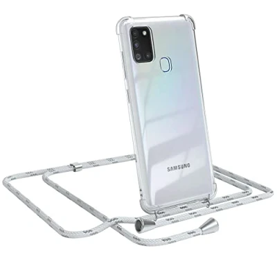 Abbildung von EAZY CASE Handykette kompatibel mit Samsung Galaxy A21s Handyhülle Umhängeband, Handykordel Schutzhülle, Silikonhülle, Hülle Band, Stylische Kette für Smartphone, Weiß/Silber