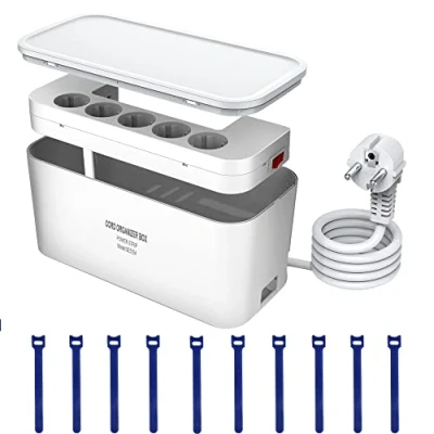 Abbildung von Steckdosenleiste mit Kabelbox Weiß, Mehrfachsteckdose Überspannungsschutz 5 Steckdosen und 3USB,Schreibtisch Organizer, Kabel Organizer Box Steckdosenadapter, 29.5 * 14 14CM, 2M